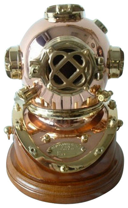 5.5" Polished Brass and Copper Mark V Dive Helmet With Wood Base