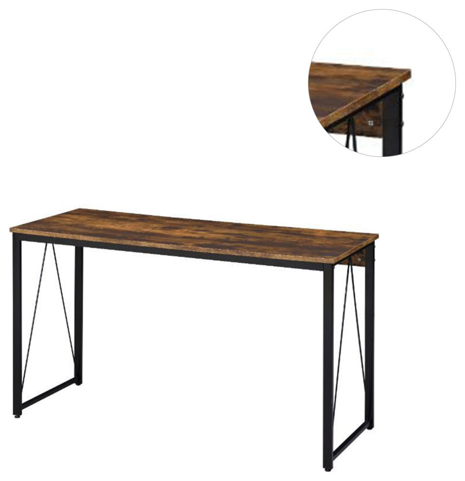 Wooden Writing Desk With Metal Frame, Weathered Oak and Black