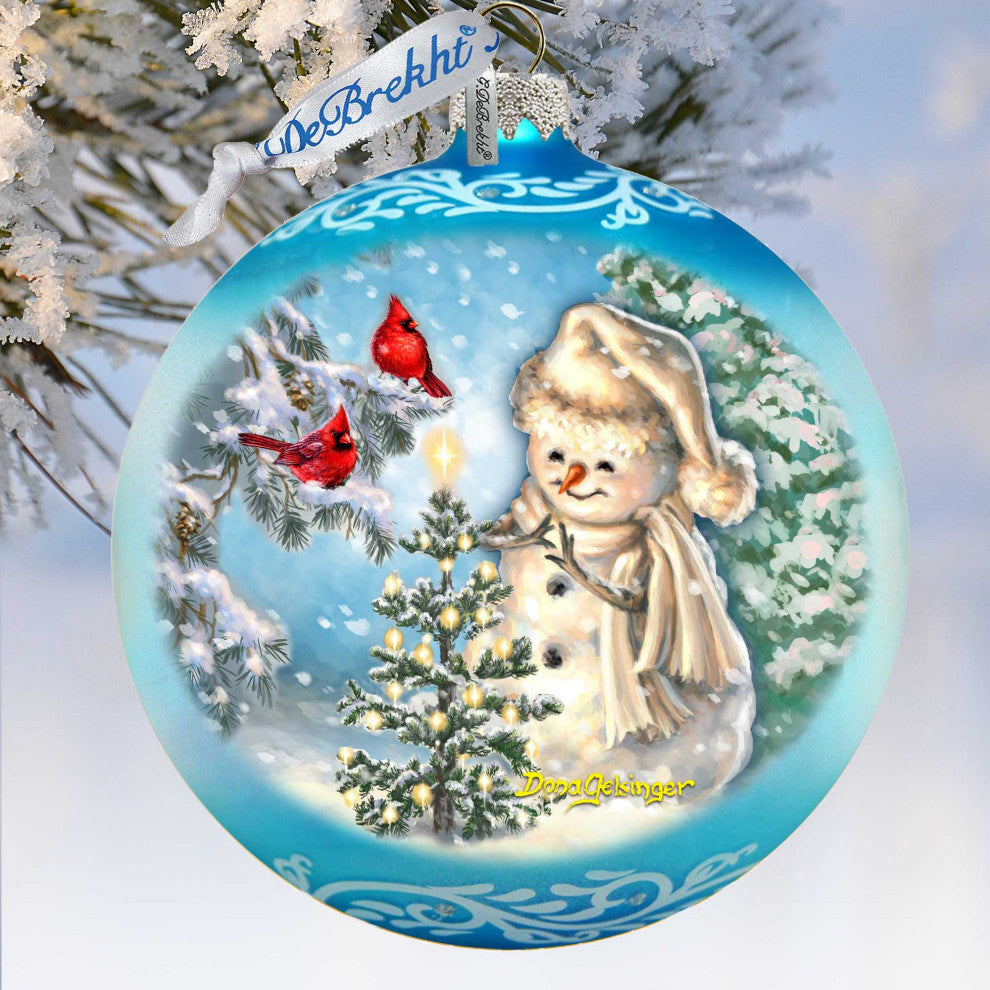 Glowing Snowman Lg Glass Ornament, Blue