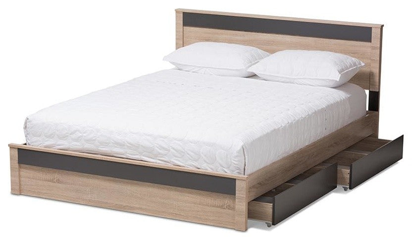Jamie Two-Tone Oak and Gray Wood Queen 2-Drawer Queen Size Storage Platform Bed