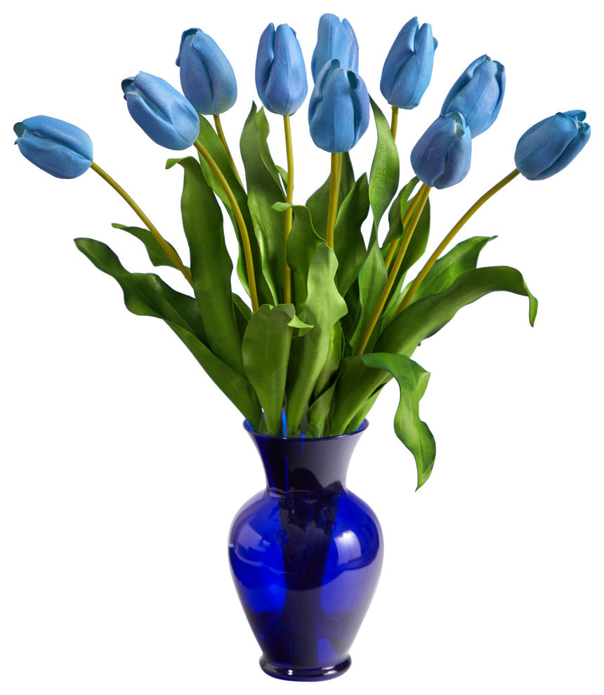 22" Dutch Tulip Artificial Arrangement, Blue Colored Vase