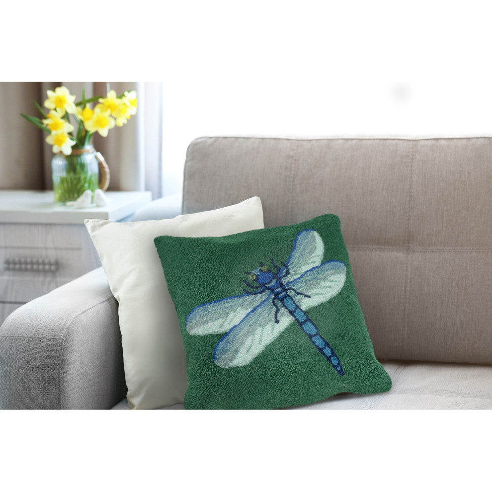 Frontporch Garden Dragonfly Indoor/Outdoor Pillow, Green, 18"x18"