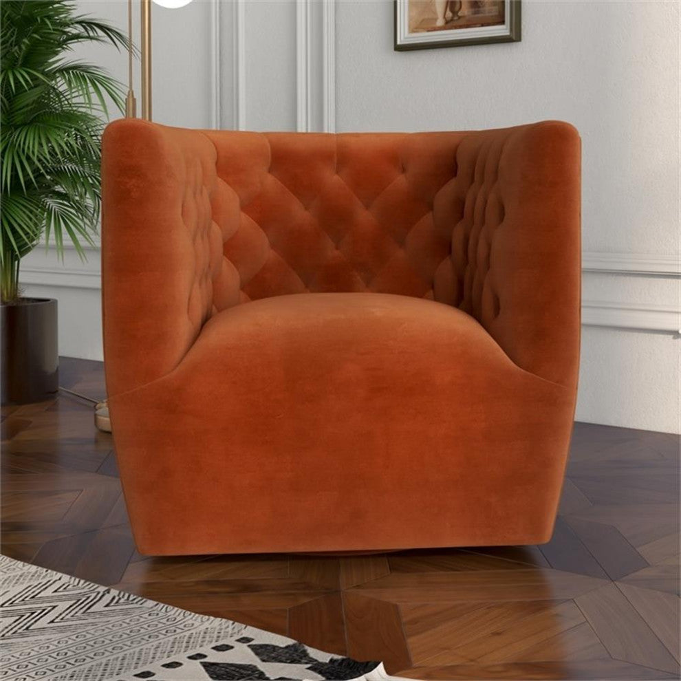 Rose Mid Century Modern Comfy Orange Velvet Swivel Accent Chair