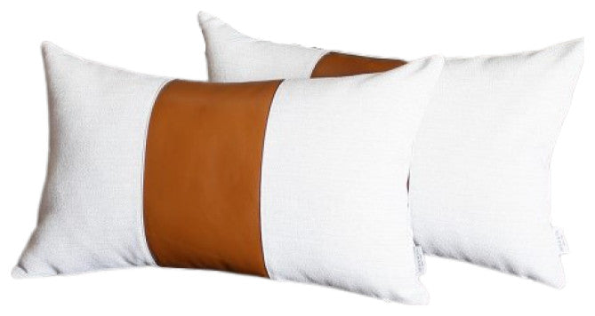 Set of 2 Porcelain White and Center Caramel Brown Faux Leather Pillow Covers