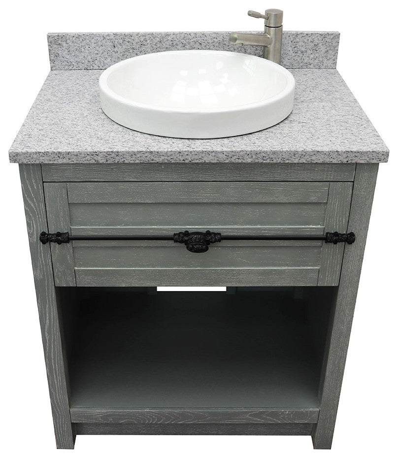 30" Single Vanity, Gray Ash, Gray Granite Top, Round Sink