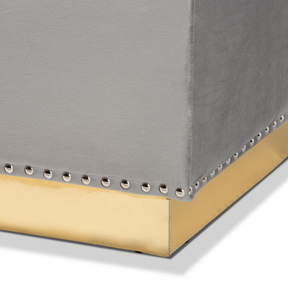 Glam and Luxe Grey Velvet Fabric Upholstered and Gold PU Leather Storage Ottoman