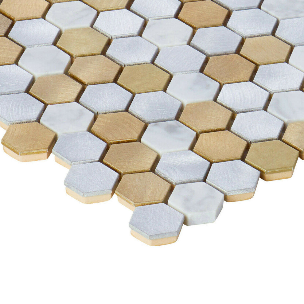 Modket White Calacatta Marble Champagne Gold Metal Hexagon Backsplash TDH45MDR