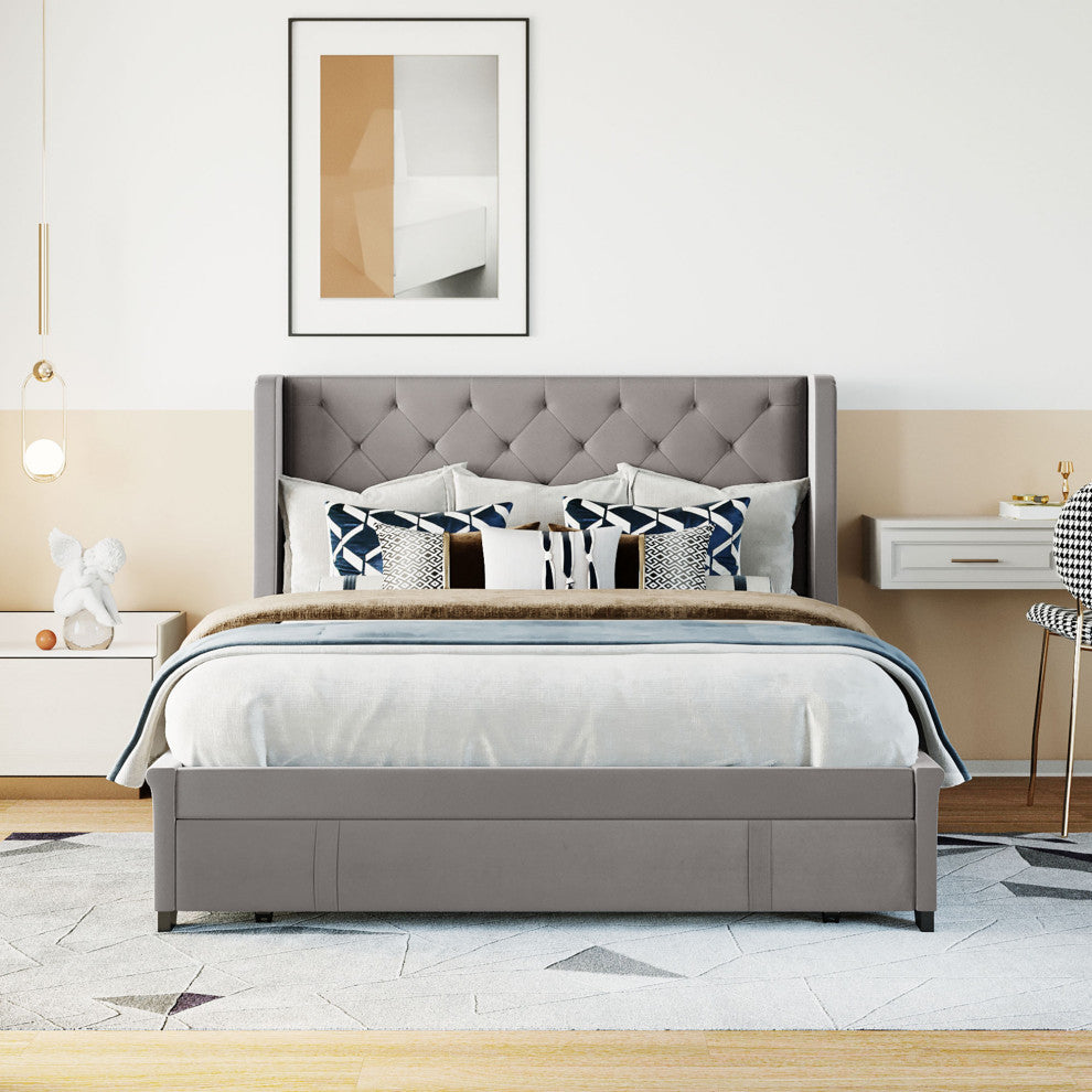 Queen Upholstered Platform Bed with Wingback Headboard and Drawer, Gray
