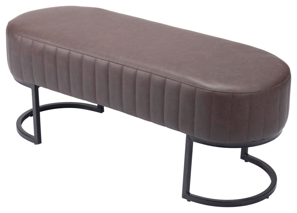 Accent Chair Bench, Faux Vinyl Leather, Steel, Vintage Brown, Black, Lounge