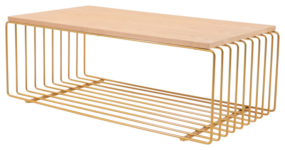 LeisureMod Walden Rectangular Coffee Table Powder Coated Steel Frame, Gold