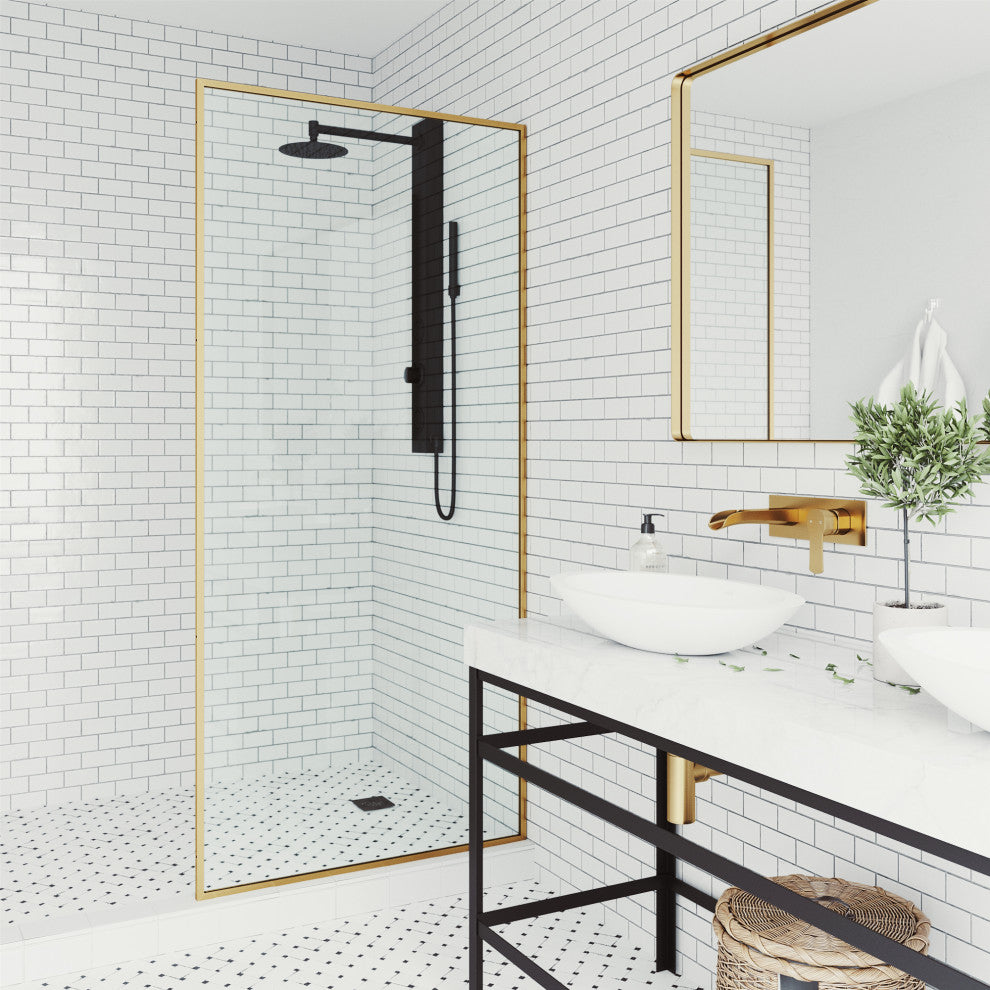 VIGO Meridian Framed Fixed, Matte Brushed Gold, Shower Screen, 34" W X 74" H, Clear Glass