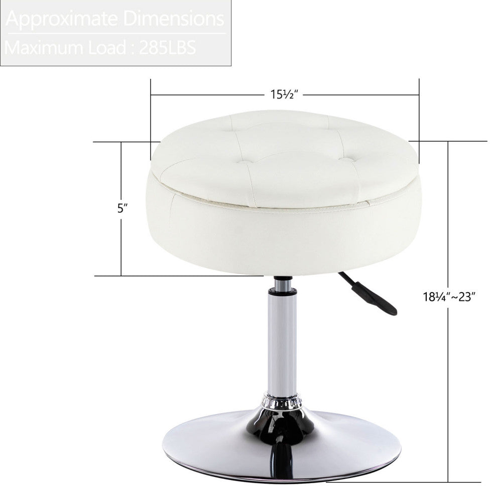 Storage Swivel PU Leather Vanity Stool, White With Removeable Tray
