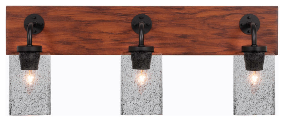 Oxbridge 3-Light Bath Bar, Matte Black & Painted Wood-look Metal/Smoke Bubble