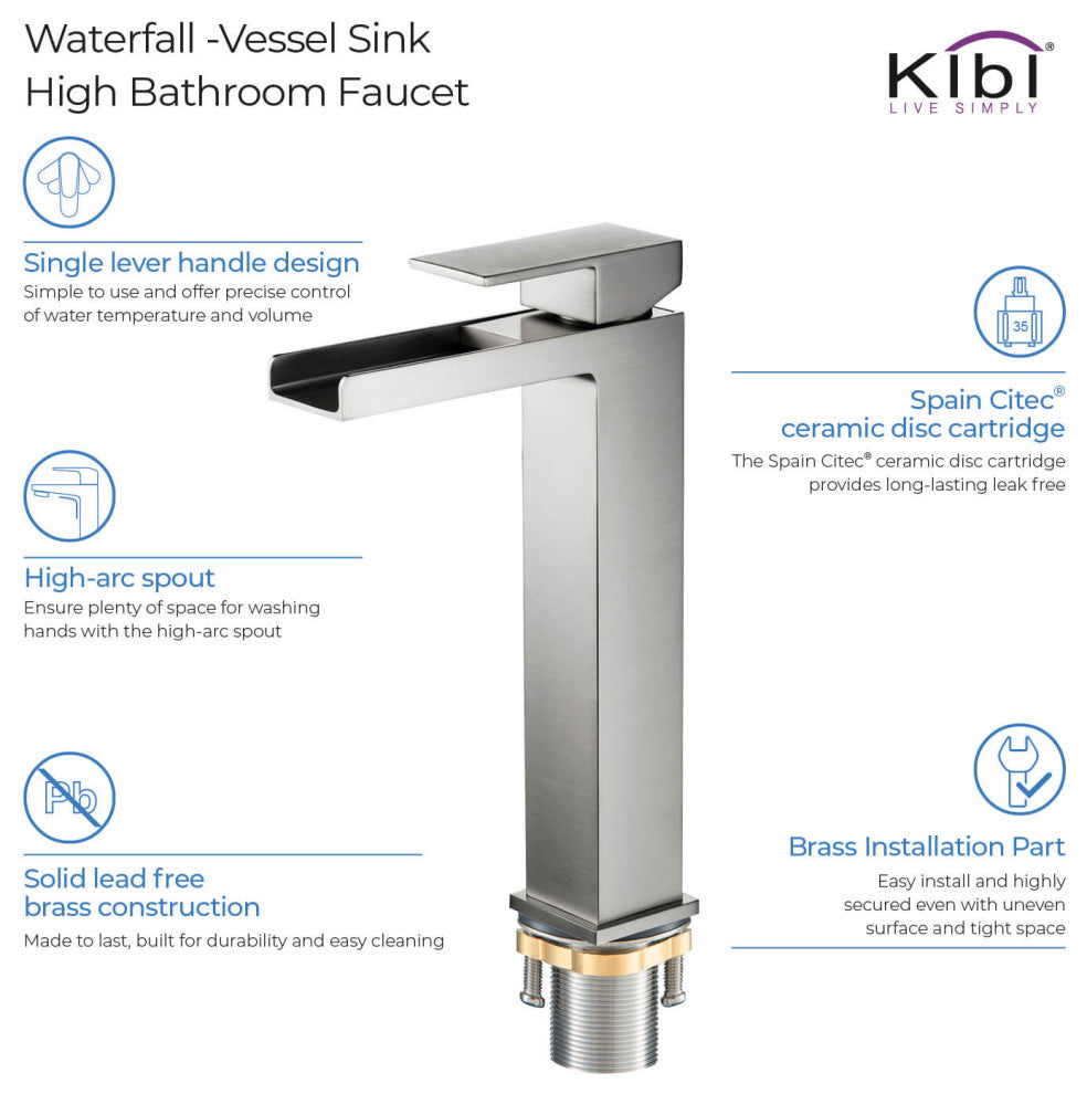 Waterfall Single Handle Vessel Sink Faucet KBF1005, Brushed Nickel, W/ Drain