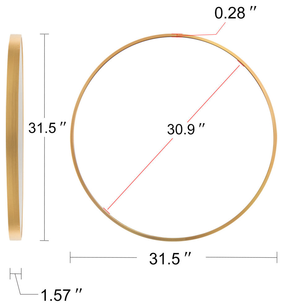 1.57" Wx31.5" H Round Framed Wall Mounted Bathroom Vanity Mirror, Brushed Gold