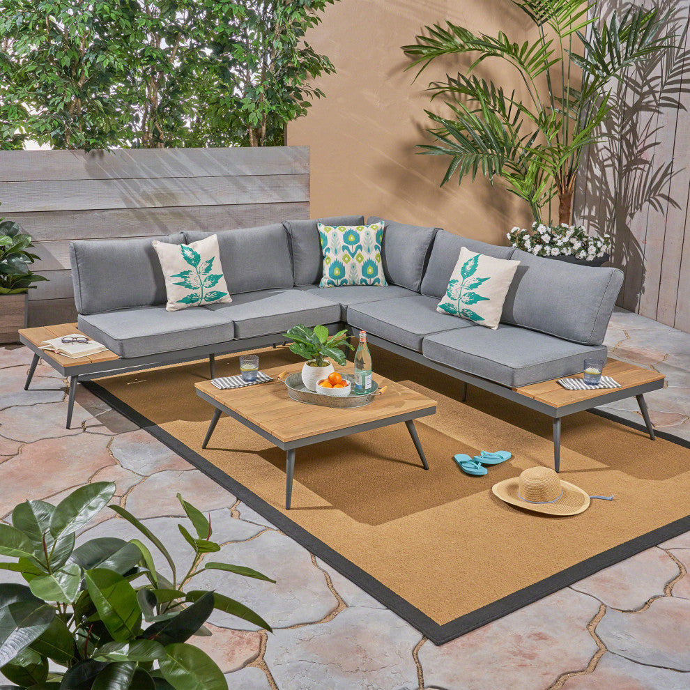 GDF Studio Deborah Outdoor Faux Wood and Aluminum V-Shaped 5 Seater Sofa Set, Natural Finish/Gray