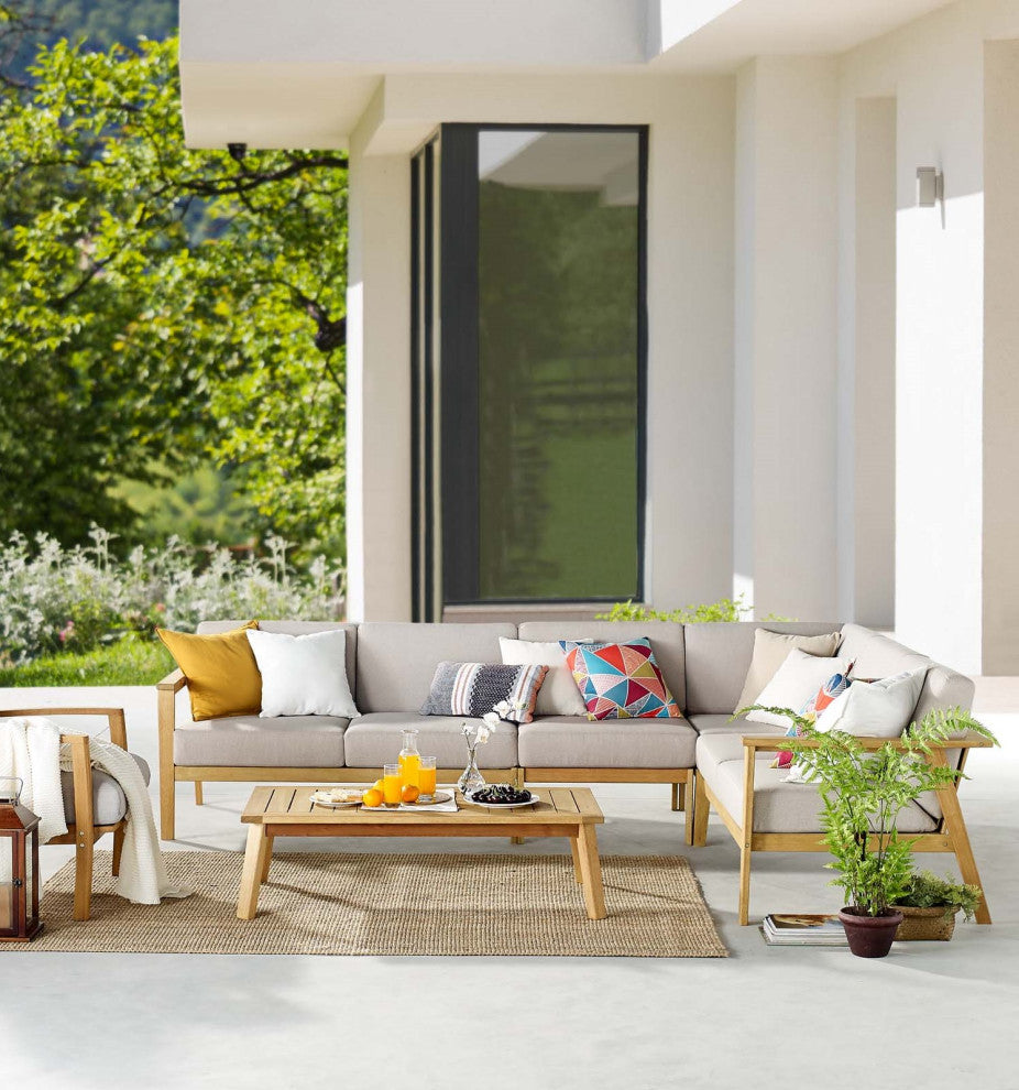 Lounge Sectional Sofa Chair Set, Wood, Brown Natural Taupe Gray, Modern, Outdoor