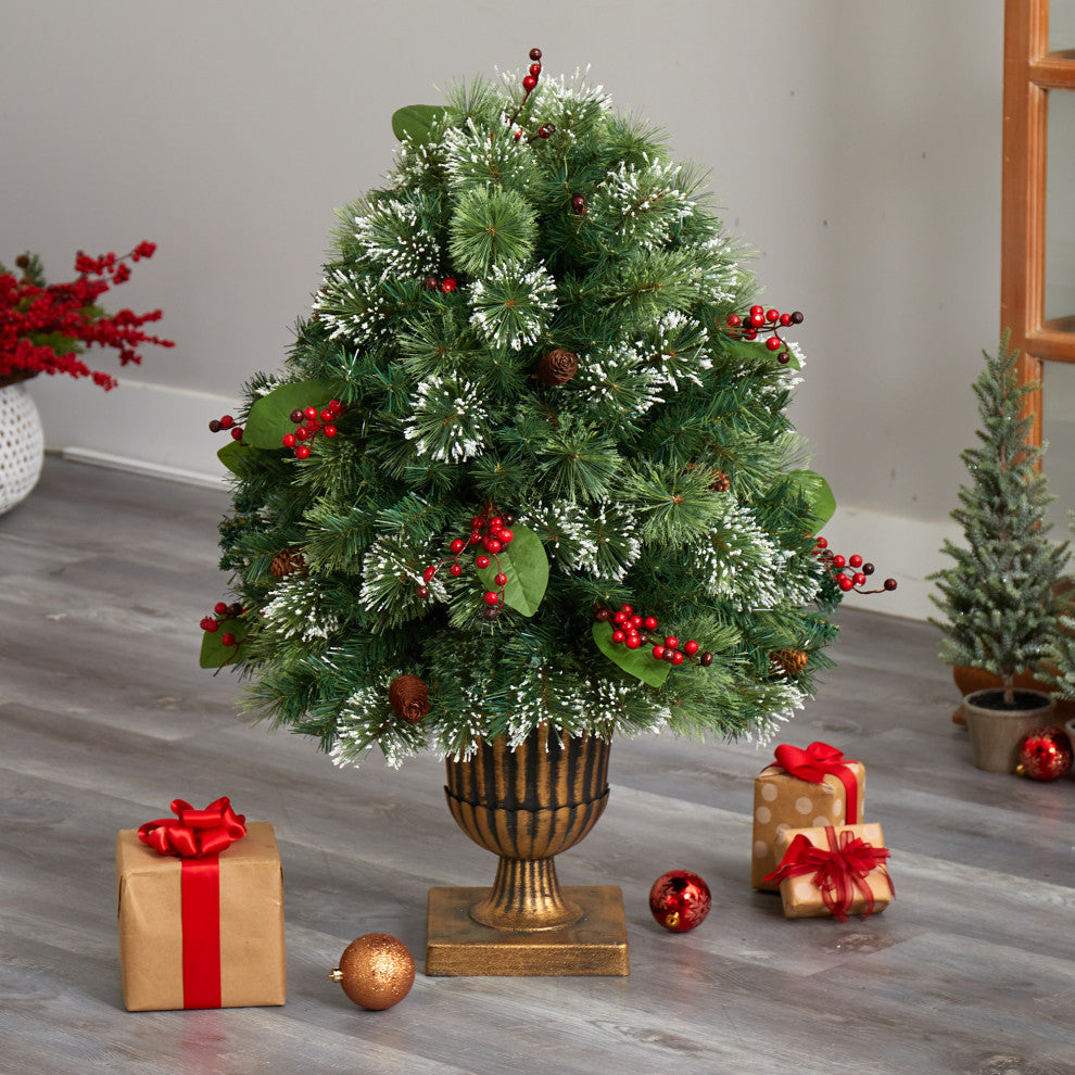 3' Holiday Pre-Lit Snow Tip Greenery, Berries and Pinecones Christmas Plant