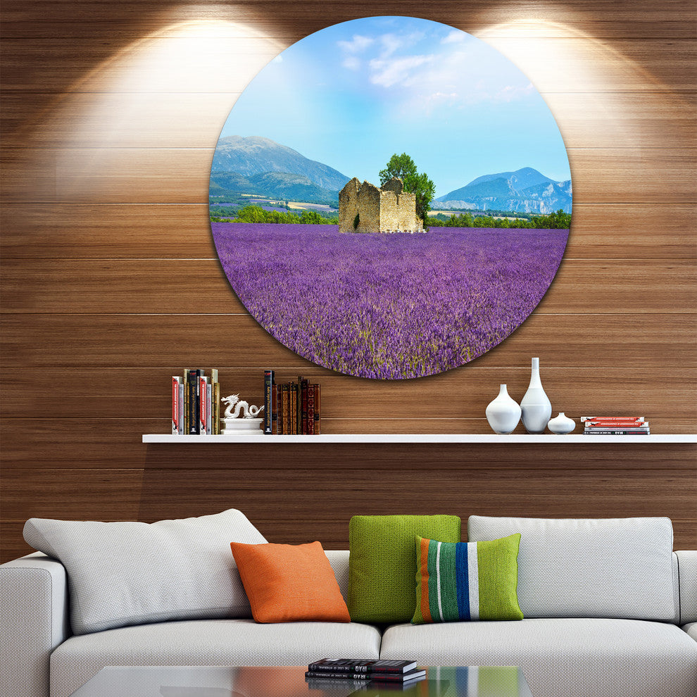 Old House And Tree In Lavender Field, Landscape Round Artwork, 23"