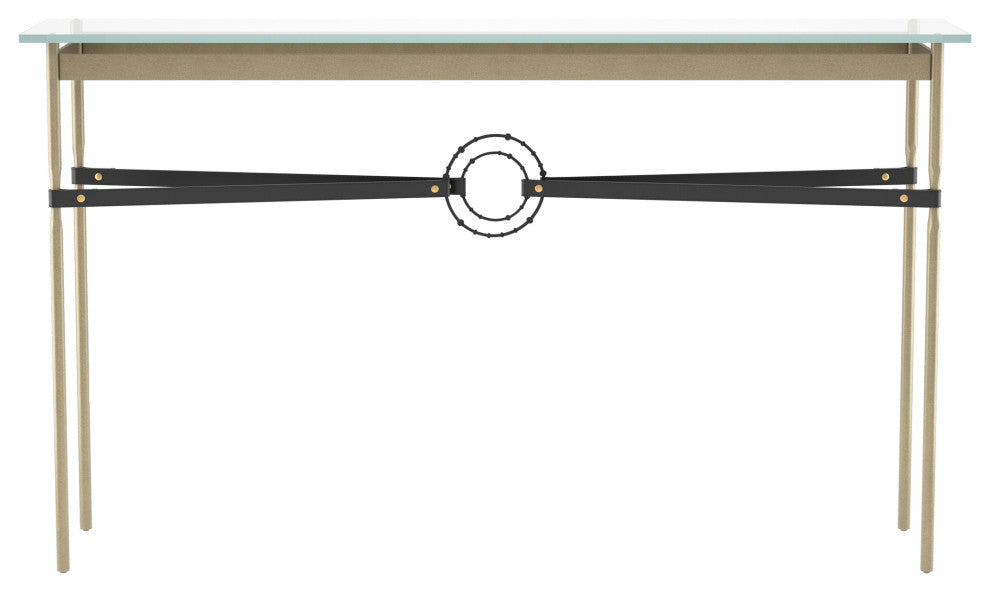 Equus Console Table, Soft Gold Finish - Black Accents - Black Leather Strap
