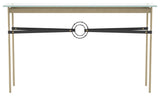 Equus Console Table, Soft Gold Finish - Black Accents - Black Leather Strap