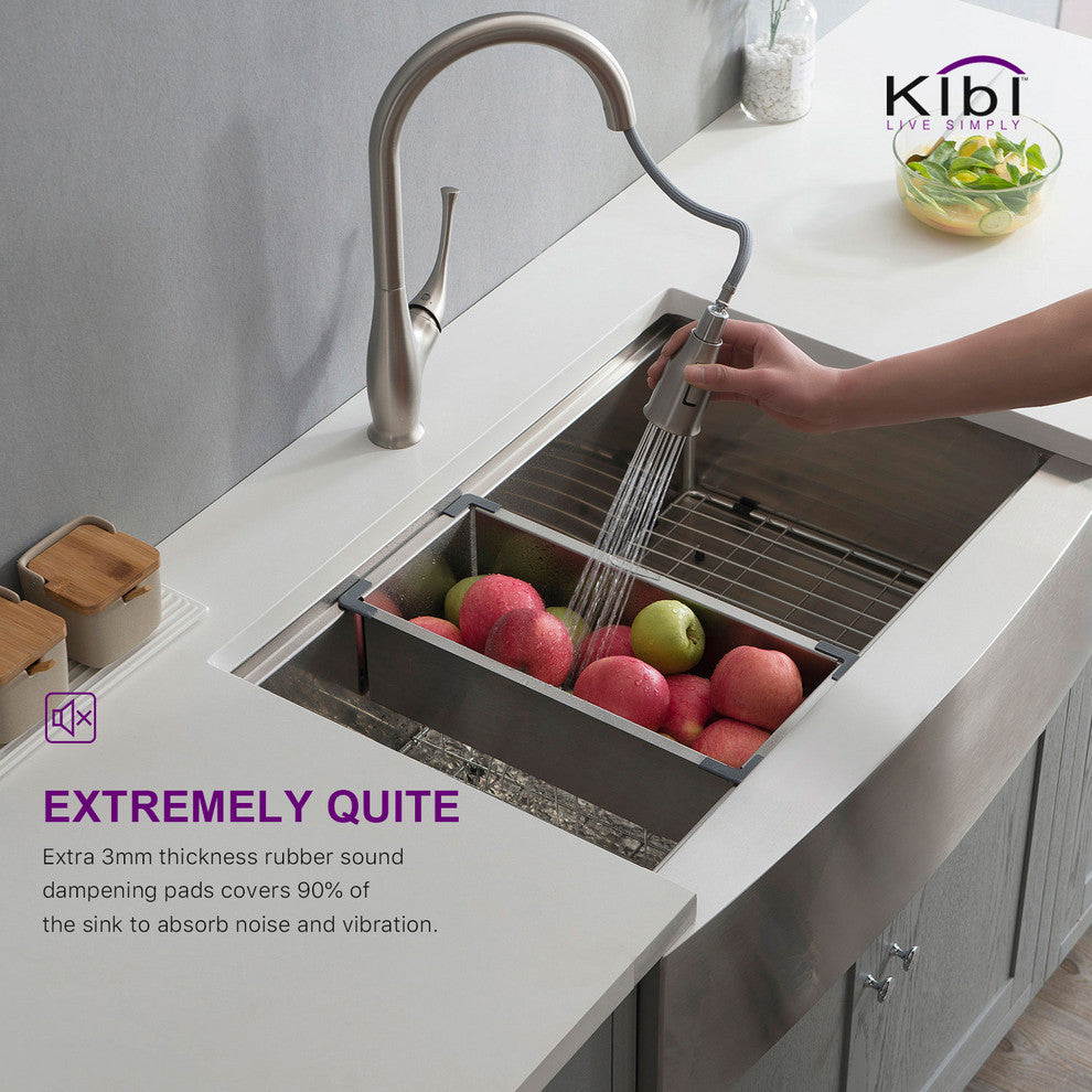 KIBI Farmhouse Apron Single Bowl Stainless Steel Workstation Kitchen Sink, 33"