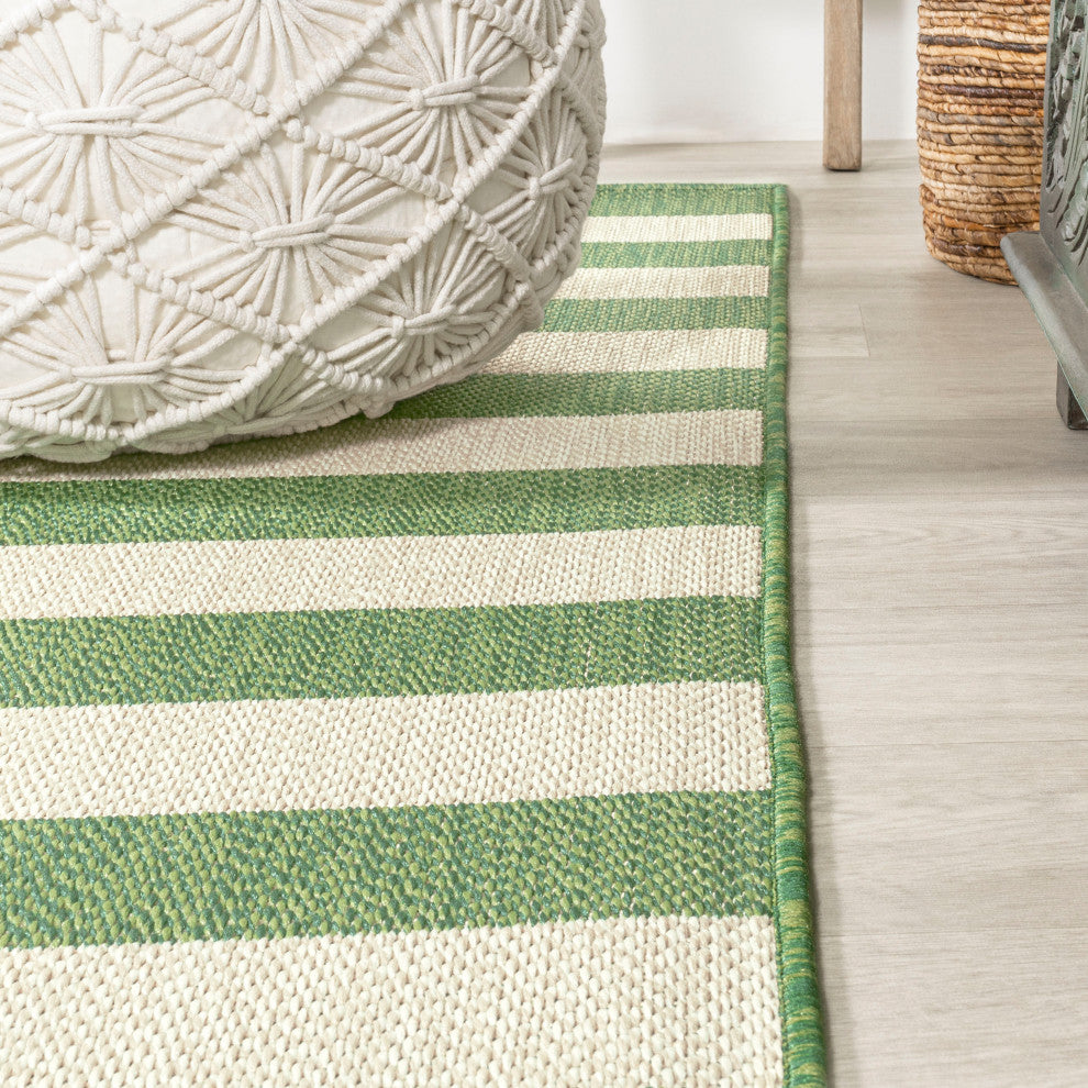 Negril Two-Tone Wide Stripe Indoor/Outdoor Area Rug, Green/Cream, 8x10