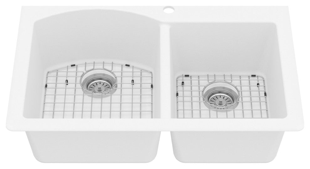 Karran Drop-In Quartz 33" 1-Hole 60/40 Double Bowl Sink Kit, White