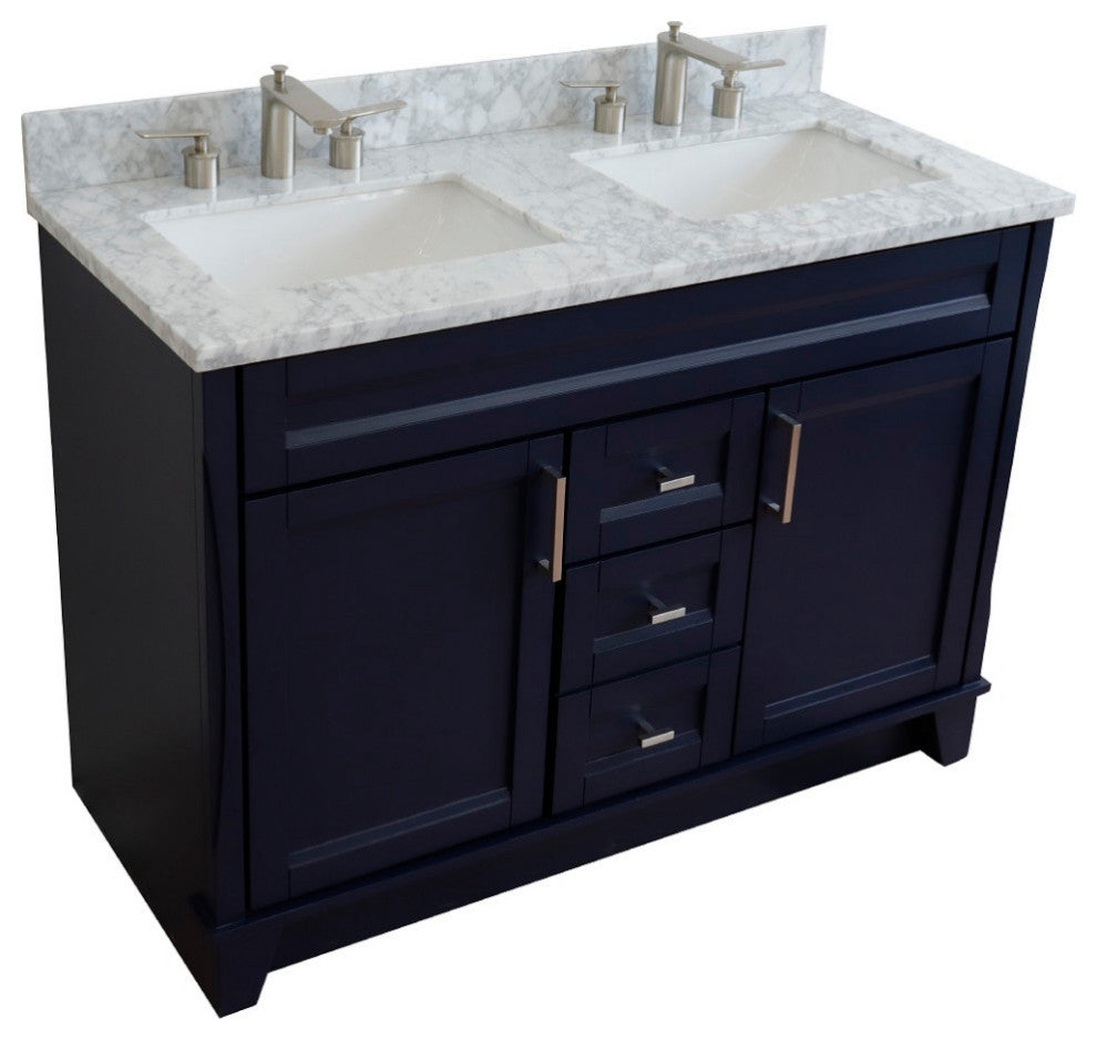 48" Double Sink Vanity, Blue Finish With White Carrara Marble