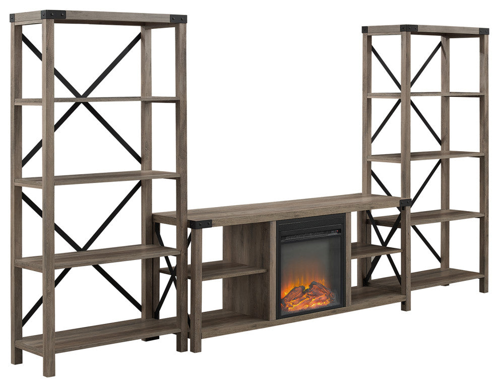 Metal X Accent Wall with 60" Fireplace Console - Grey Wash
