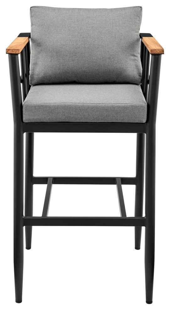 Orlando Outdoor Stool, Aluminum/Teak With Gray Cushions, Bar Height