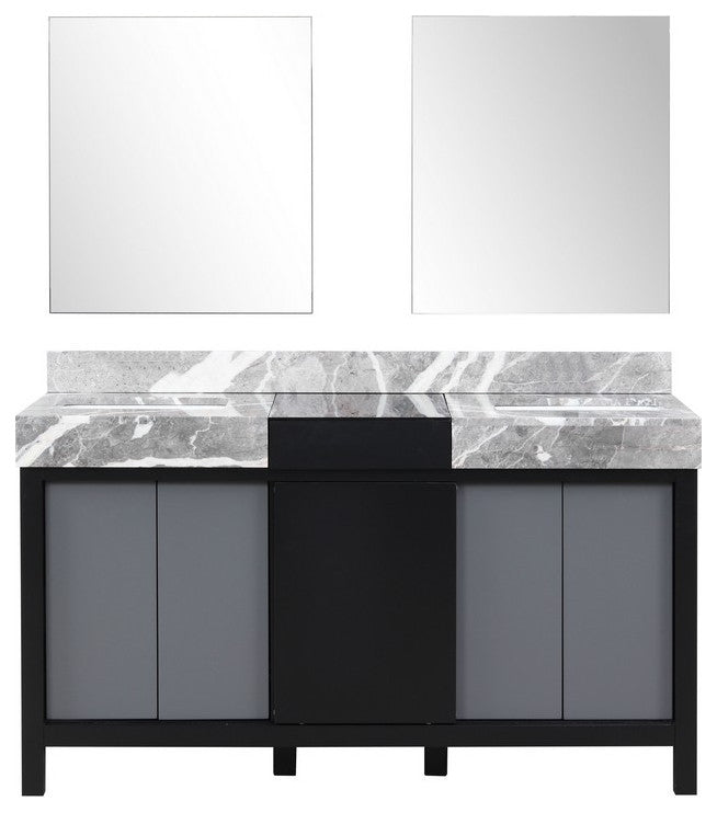 Zilara 60" Black and Grey Double Vanity, 28" Frameless Mirrors