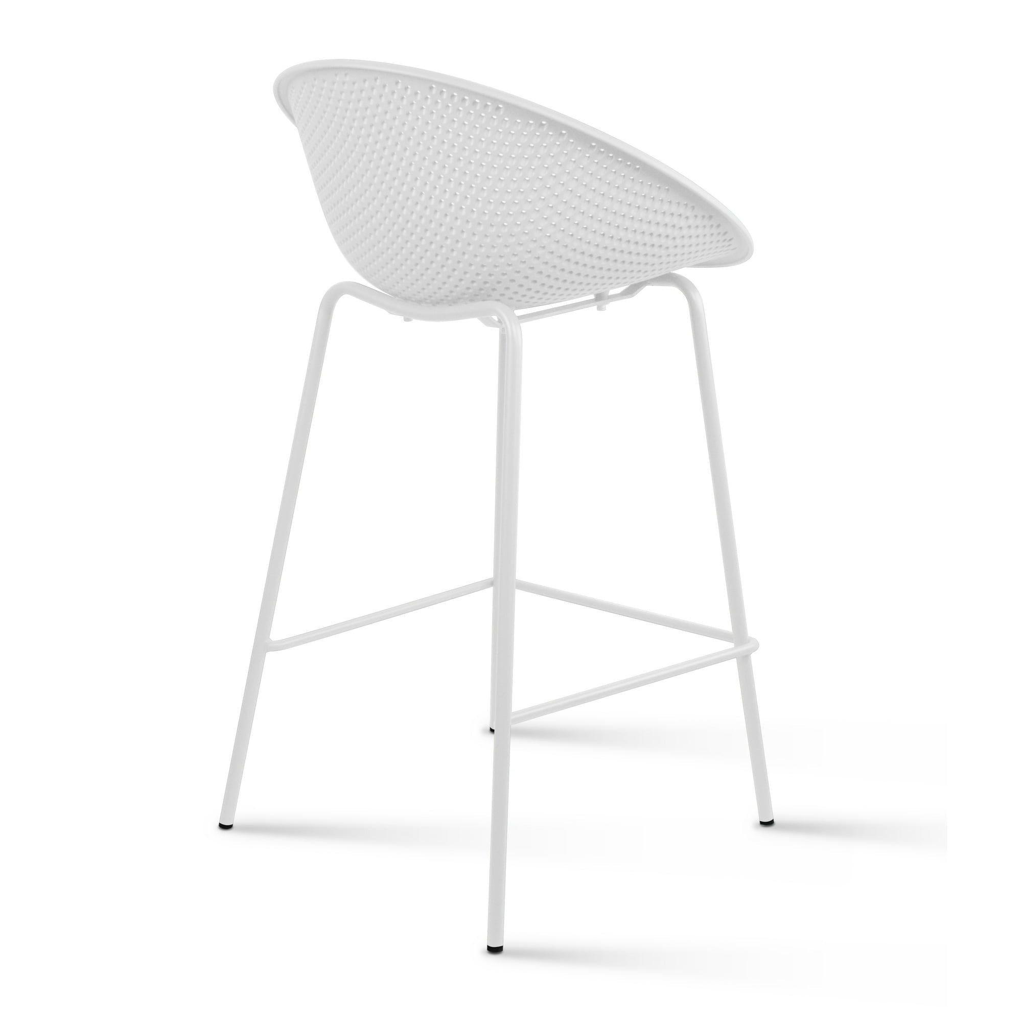 Set of 2 Modern Counter Stools with Perforated Low Back and Metal Frame, 25.5", White