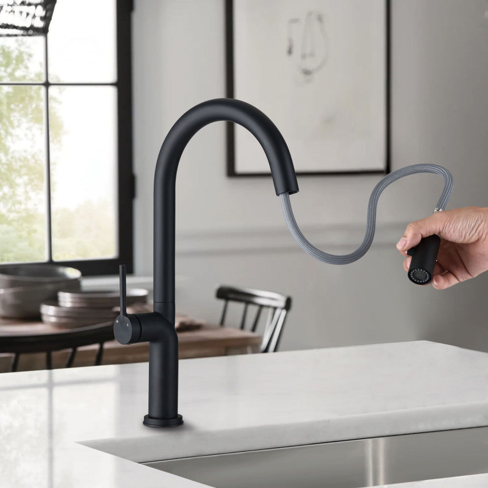 Single Handle Deck Mounted High Arc Pull Down Kitchen Faucet with Deckplate, Mat