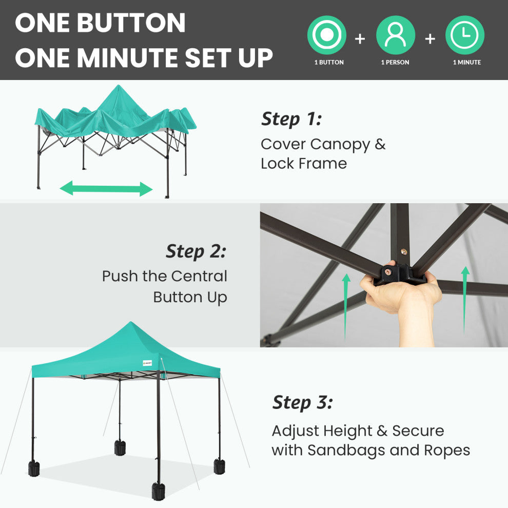 JEAREY Pop Up Canopy Tent, Outdoor Canopy, 4 Sand Bags, Peacock Blue, 10x10ft