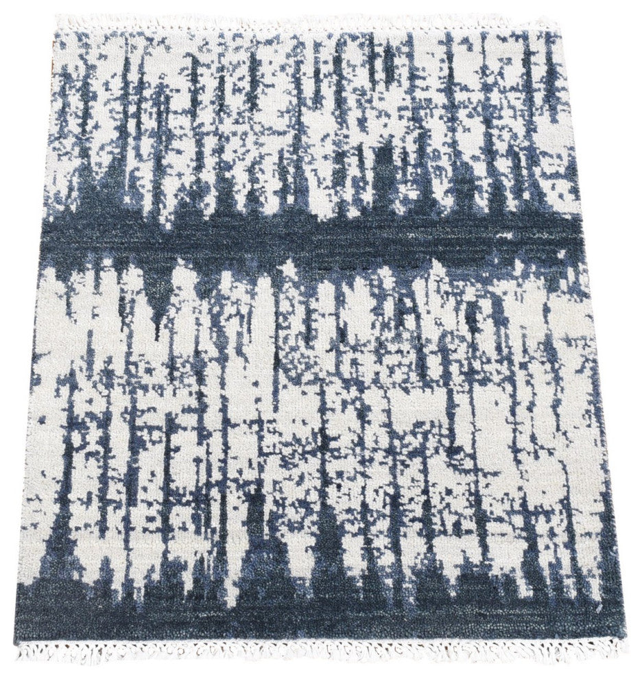 Ivory and Charcoal Black Wool Cardiac Design Modern Hand Knotted Rug, 2'0"x2'4"