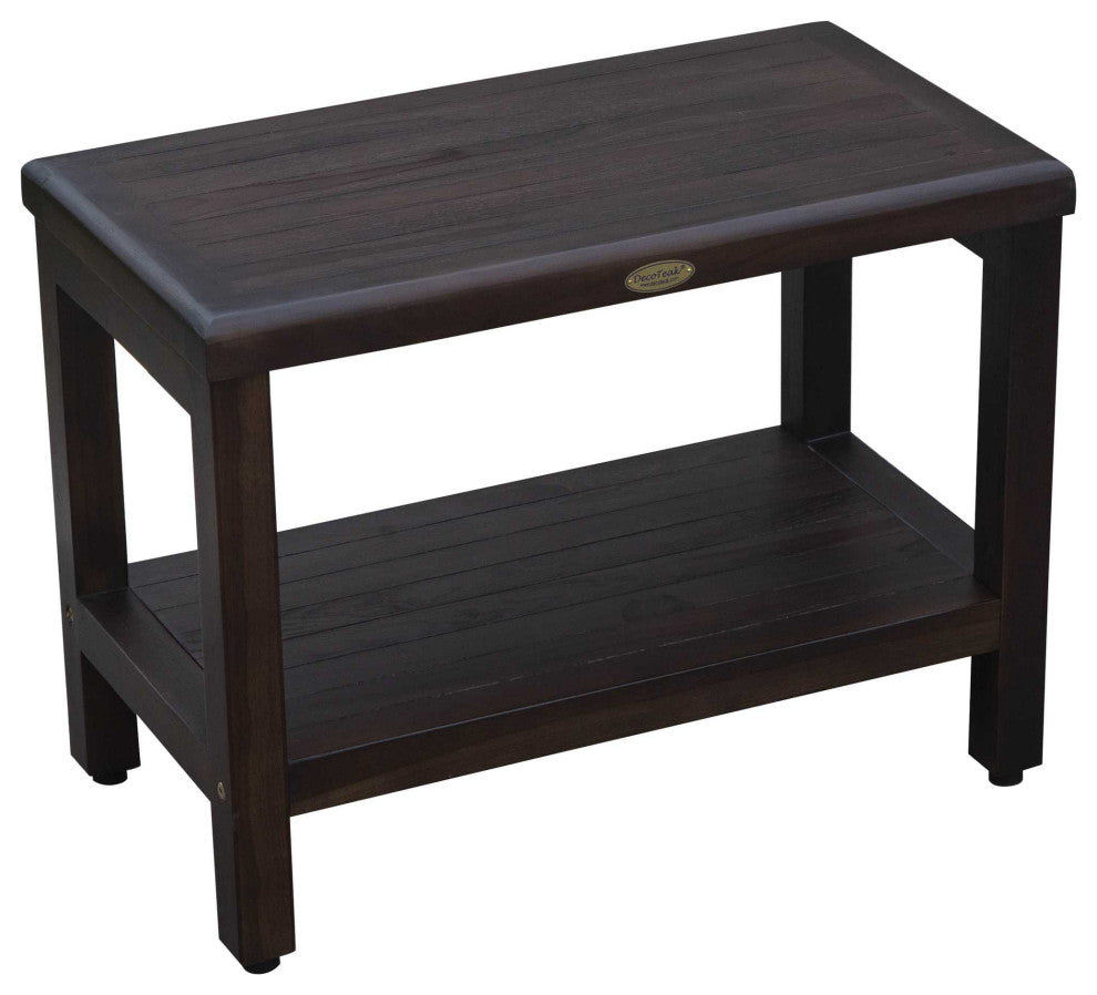 HomeRoots Rectangular Teak Shower Bench With Shelf, Brown Finish