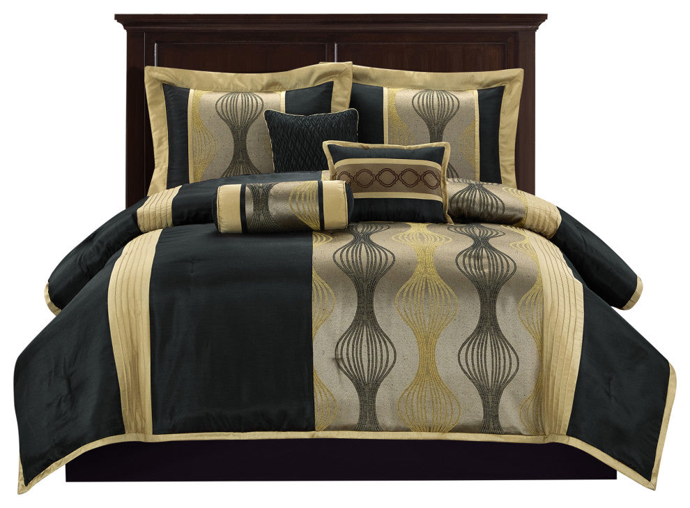 Kath 7-Piece Jacquard Comforter Set, Black Gold, Queen