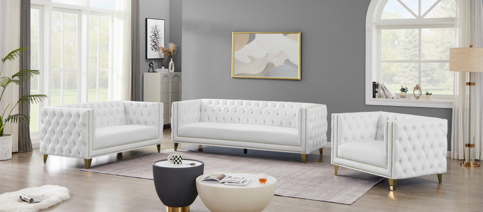 Michelle Fabric Upholstered Chair, Gold Iron Legs, White, Vegan Leather, Sofa