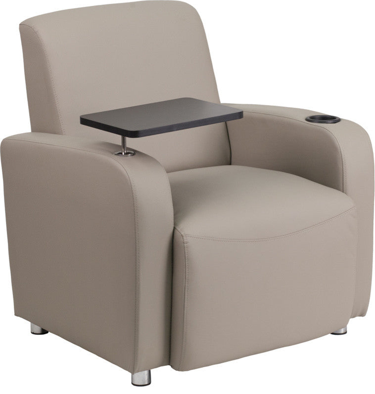 Gray LeatherSoft Guest Chair with Tablet Arm, Chrome Legs and Cup Holder