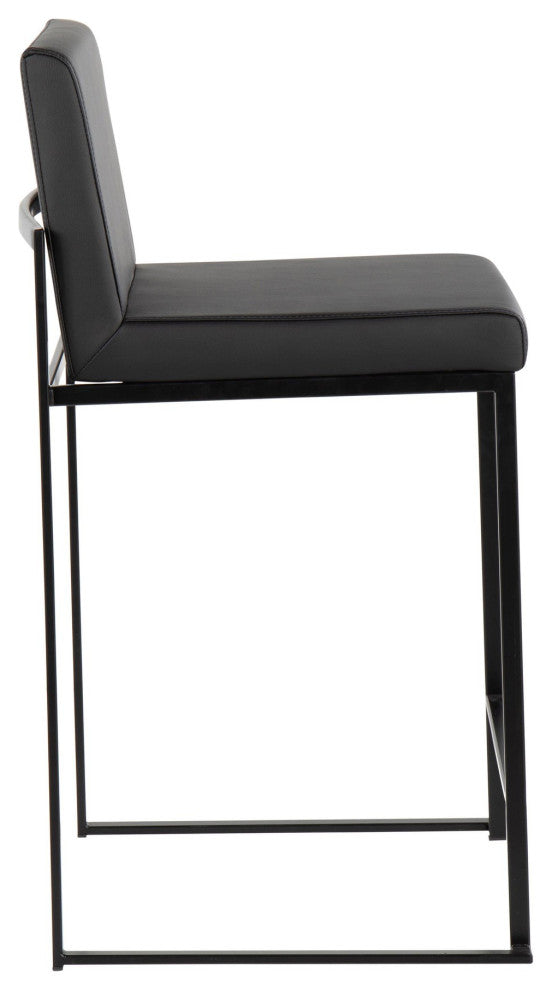 Fuji High Back Counter Stool, Black Steel/Black Faux Leather, Set of 2