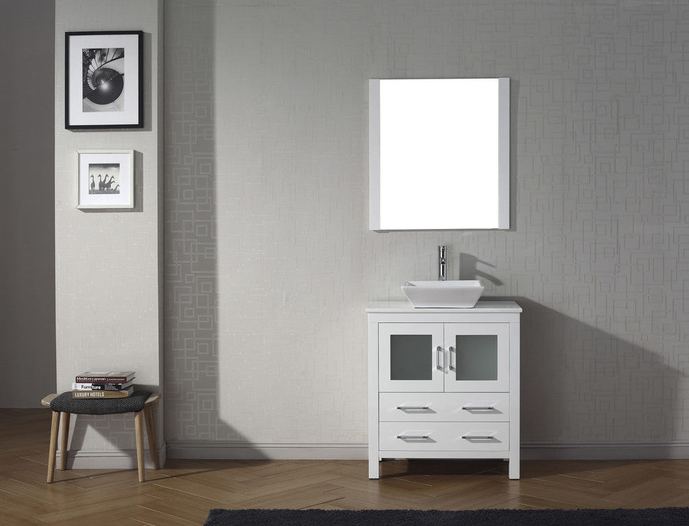 Virtu Dior 30" Single Bathroom Vanity, White With White Top, Faucet and Mirror