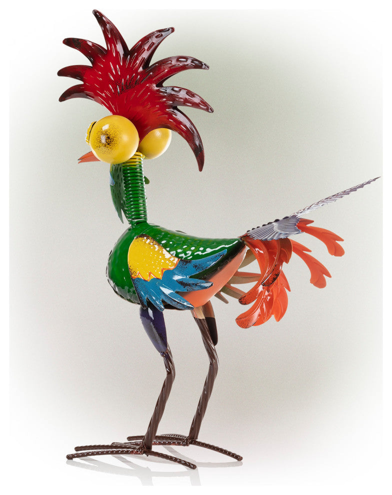 Alpine Wacky Tropical Metal Rooster Decor Statue, 17"