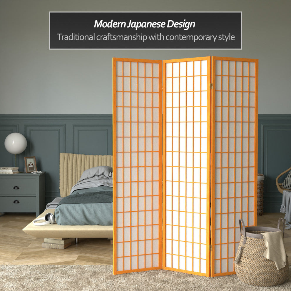6' Tall Window Pane Shoji Screen, Honey, 3 Panels