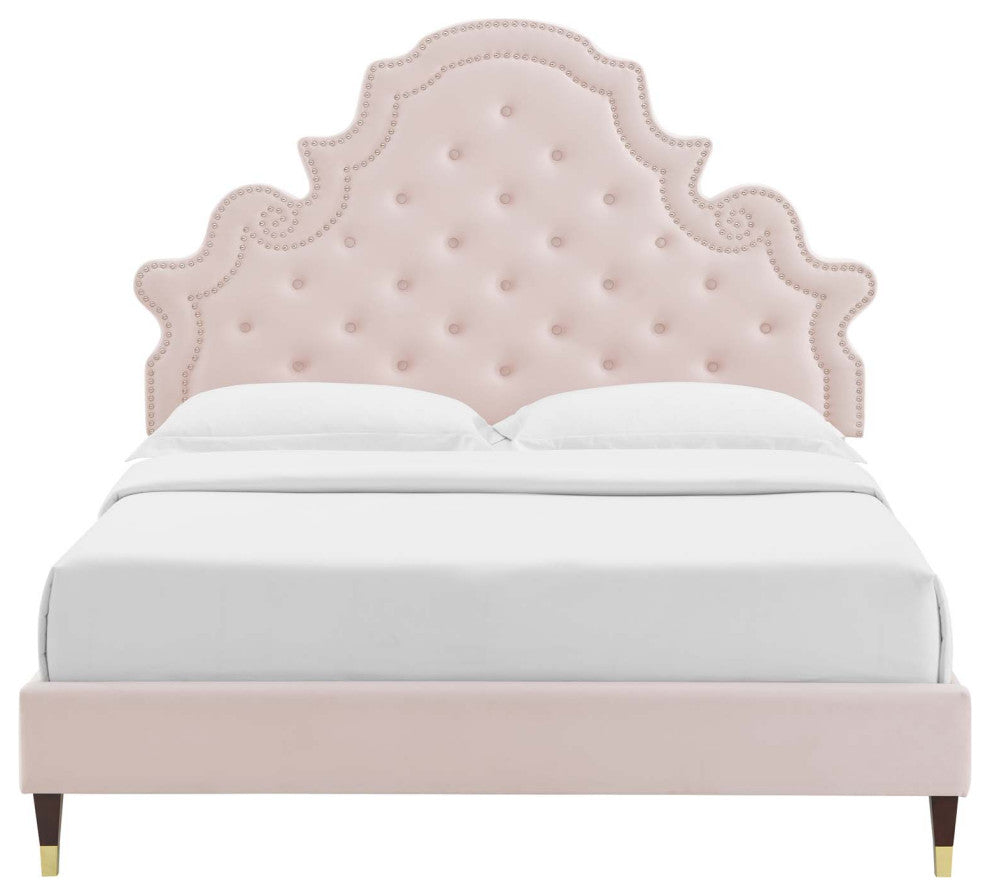 Tufted Platform Bed Frame, Full Size, Velvet, Pink, Modern Contemporary, Bedroom