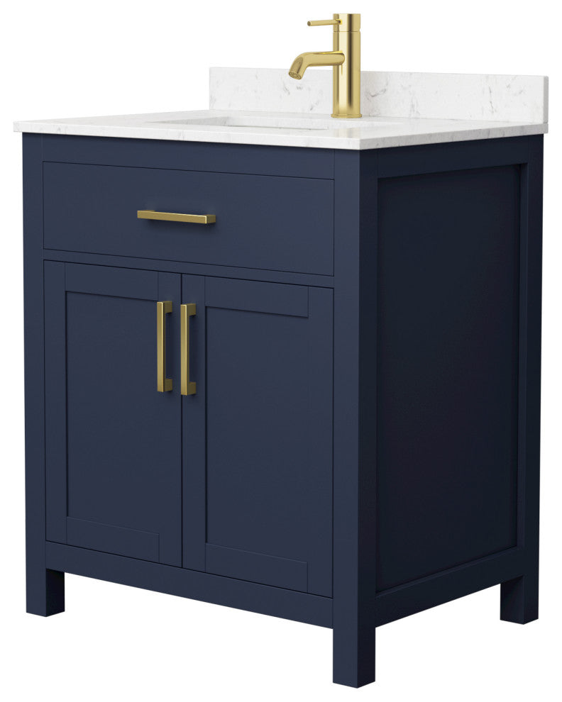 30"SGL Vanity Dark Blue, Carrara Cult. Marble Countertop, Sink, Gold Trim