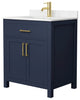 30"SGL Vanity Dark Blue, Carrara Cult. Marble Countertop, Sink, Gold Trim