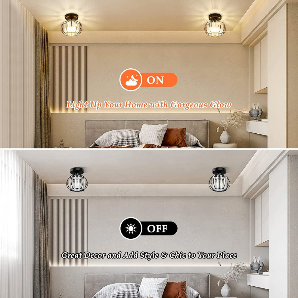 Semi Flush Mount Lamp, Farmhouse, Crystal Black Cage, 2 Pack