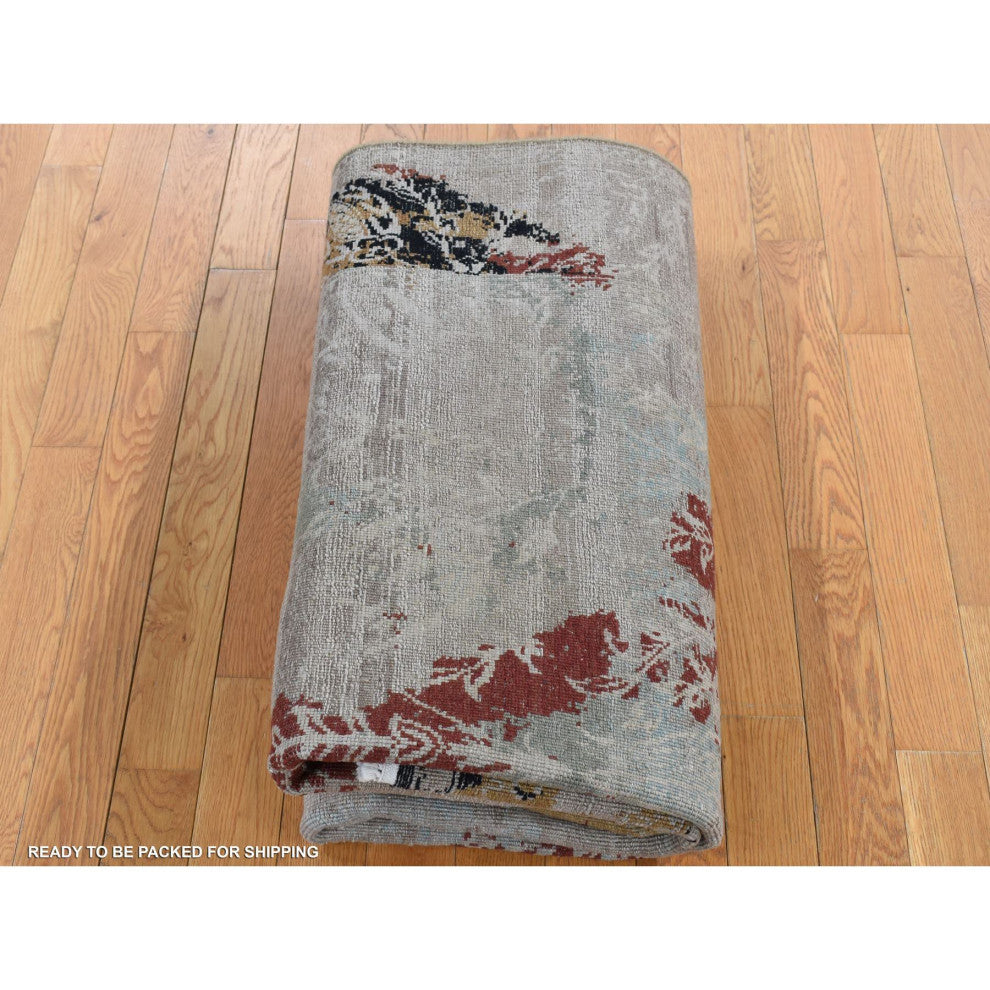 Stone Gray, Broken Tulip Design, Silk With Wool, Hand Knotted Rug, 5'2"x7'1"