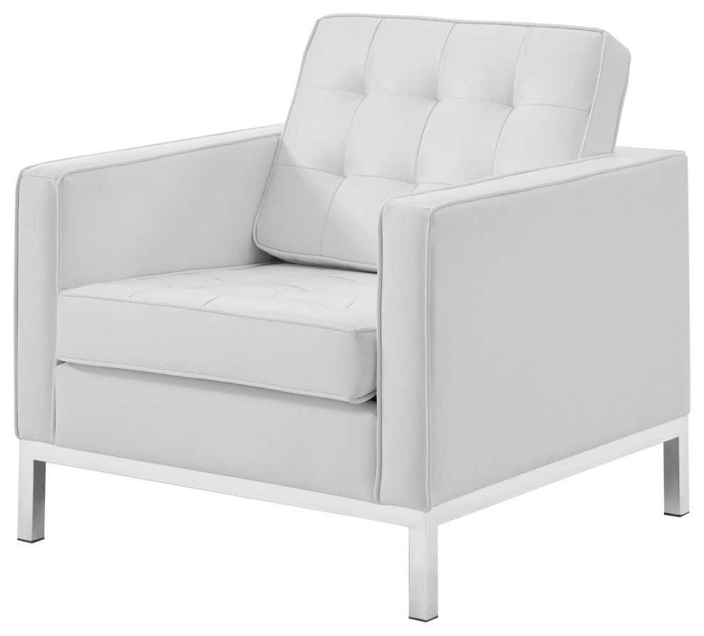 Tufted Armchair and Loveseat Sofa Set, Faux Leather, Silver White, Modern